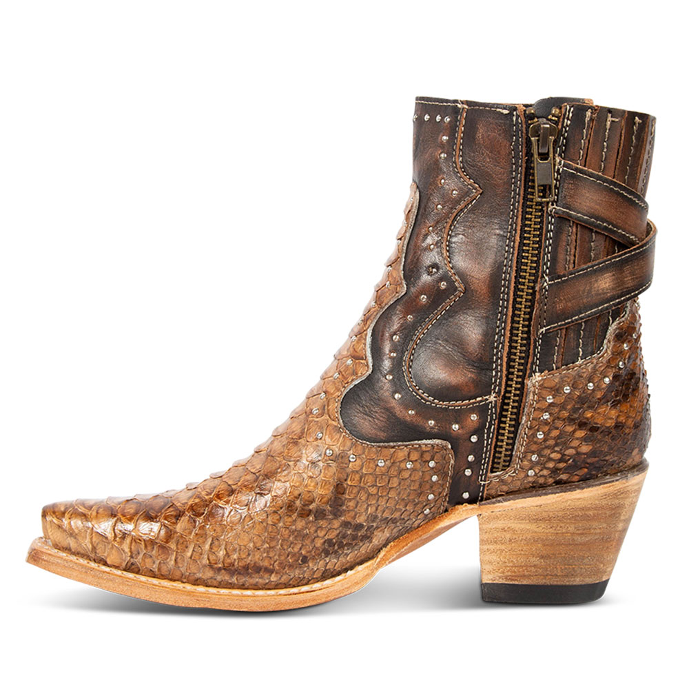 Brown Python Embossed Studded Cowgirl Boots with Buckle Strap Nicepairs