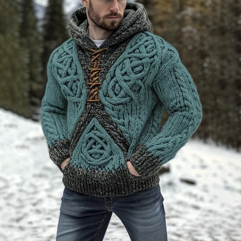 Vintage Celtic Knot Coarse Knit Men's Hooded Sweater