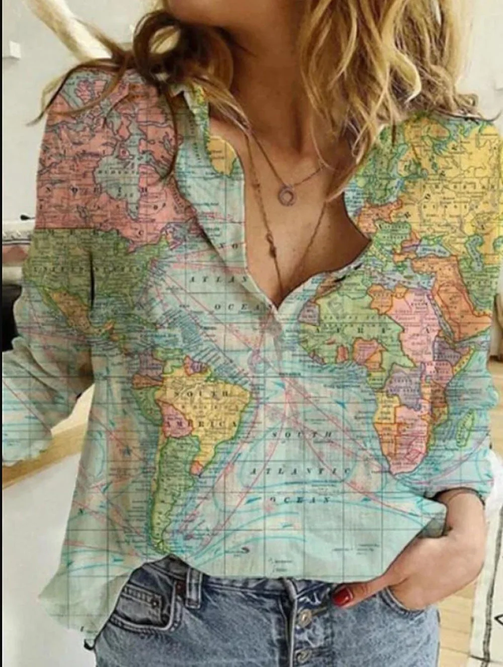 Uveng Map Straight Type Printed Long-sleeved Women's Shirt