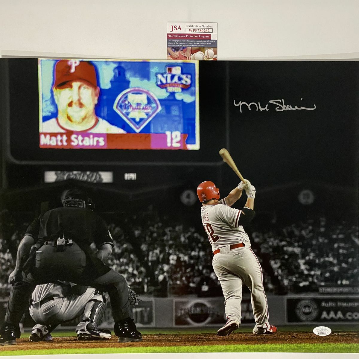 Autographed/Signed MATT STAIRS Moon Shot Phillies 16x20 Baseball Photo Poster painting JSA COA