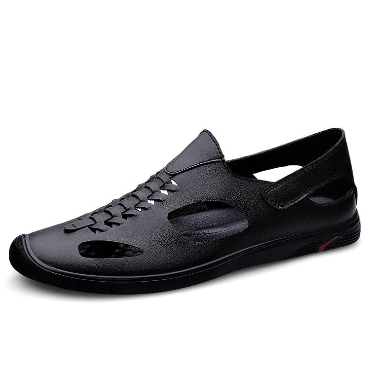 Ceeyan Genuine Leather Mens Shoes New Summer Men Sandals Breathable Hollow Out Flats Fashion Casual Leather Footwear Soft-Soled Slip-On