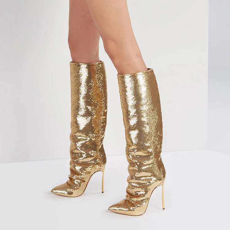 Pointed Stiletto Knee Boots Elegant Sparkling Shoes Gold Heel Boots |FSJ Shoes