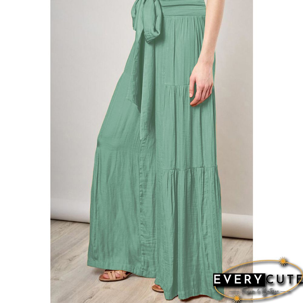 Green Smocked High Waist Palazzo Pants with Tie