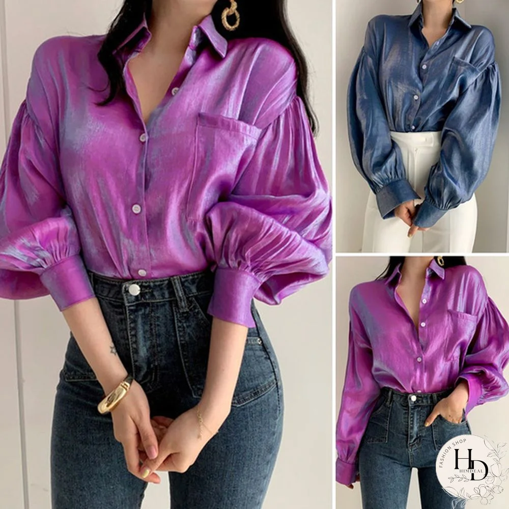 Women Loose Satin Office Top Blouse Plus Size Button Down Look Shirt Loose Elegant Tops New