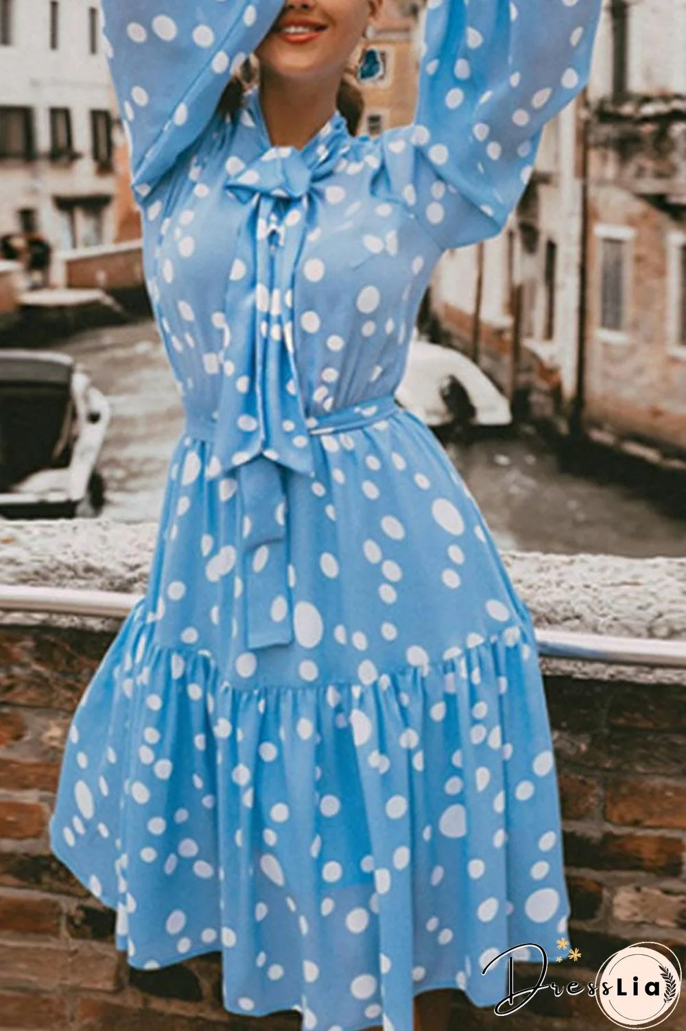 Tie Neck Polka Dot Ruffle Dress