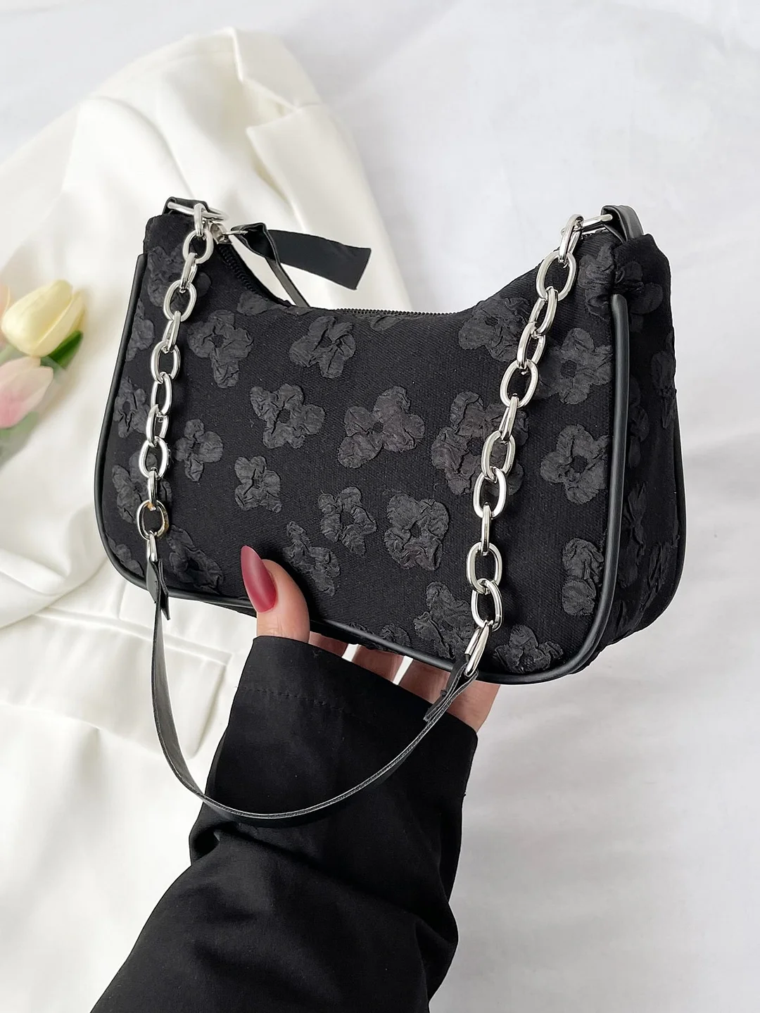 Jacquard Floral Pattern Chain Baguette Bag