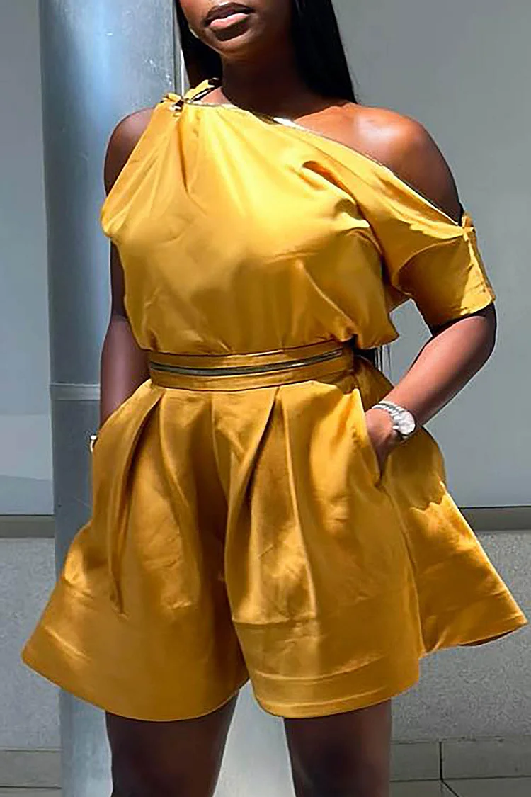 Plus Size Daily Yellow Oblique Collar Short Sleeve Pocket Two Piece Short Sets [Pre-Order]