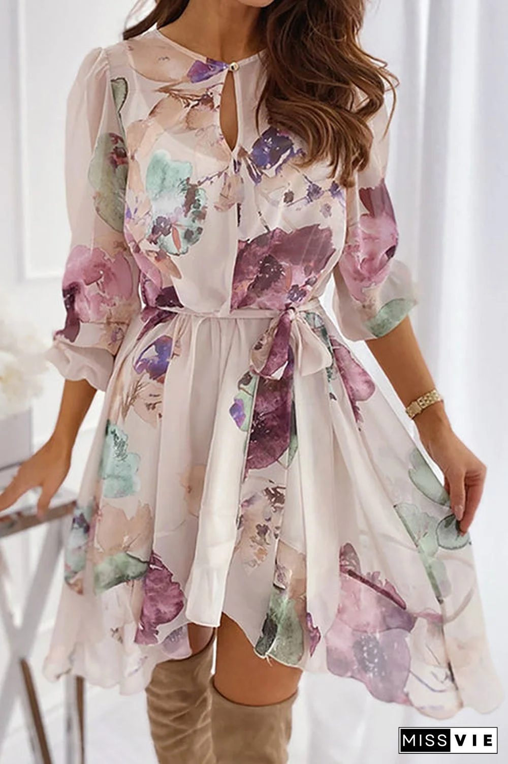 Floral Bleted Long Sleeve Mini Dress