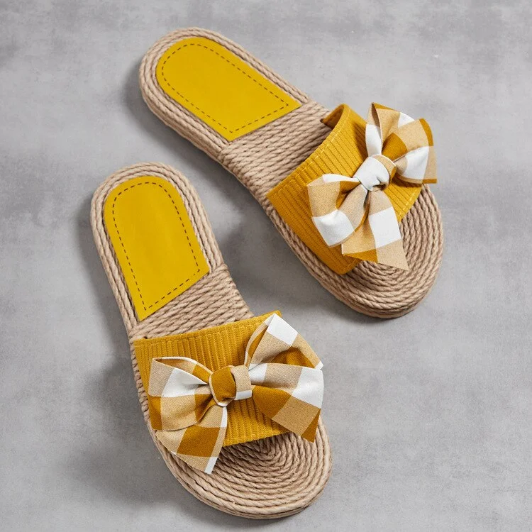 New Summer One-Word Female Slippers Women's Hemp Rope Bottom Cross Belt Fashion Trend Indoor Outdoor Lattice Bow Slippers sh272