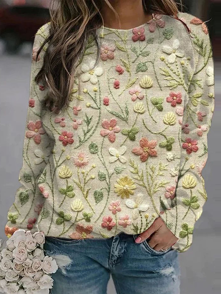Comstylish Floral Print Crew Neck Long Sleeve Casual Sweatshirt