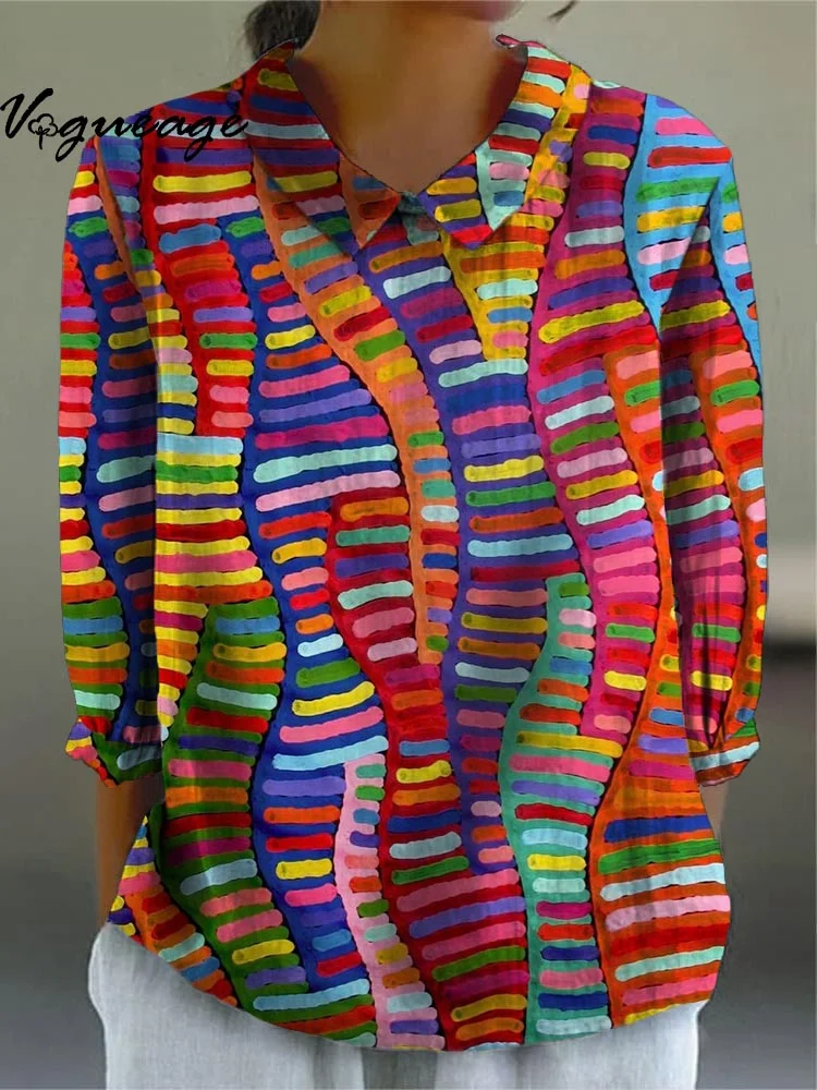 Bright Color Line Segment Stitching Printed Cotton And Linen Shirt