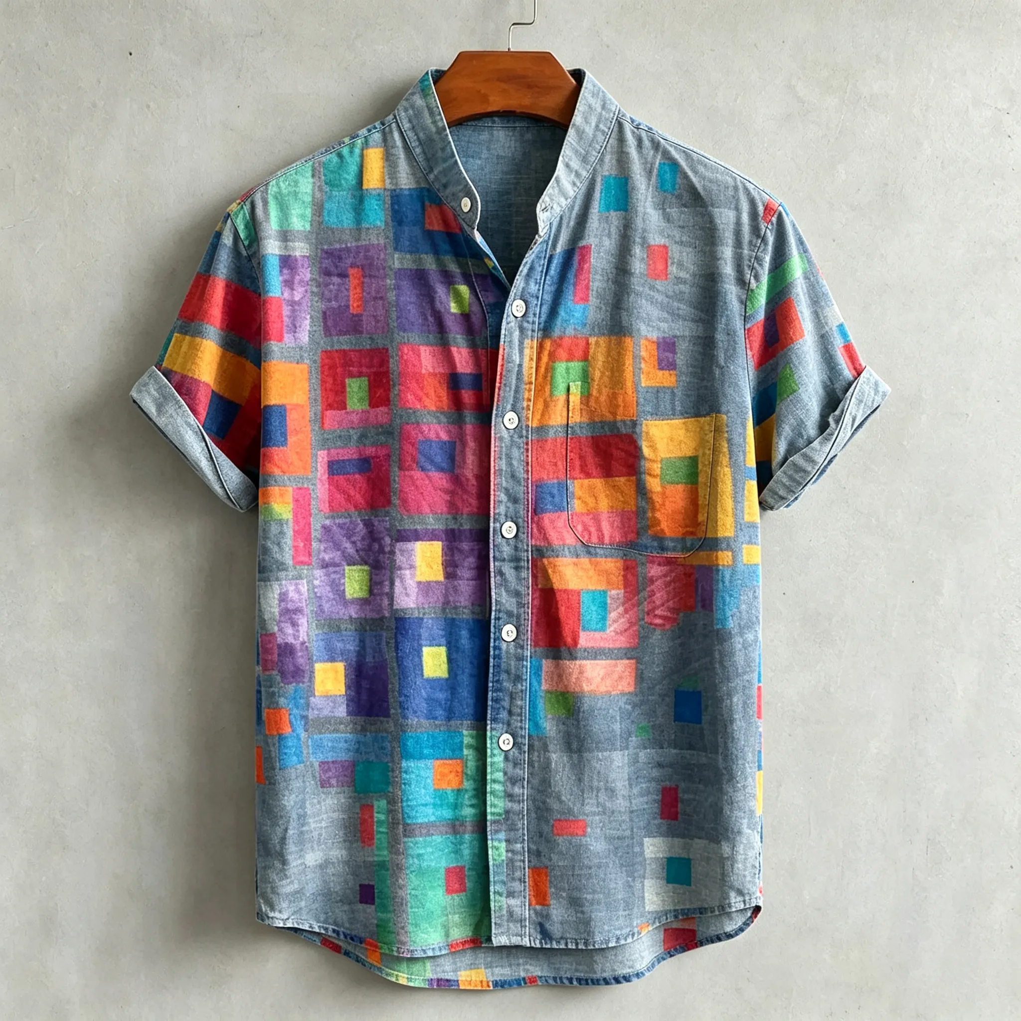 Men's Color-blocked Printed Short-sleeved Linen Shirt  artssus