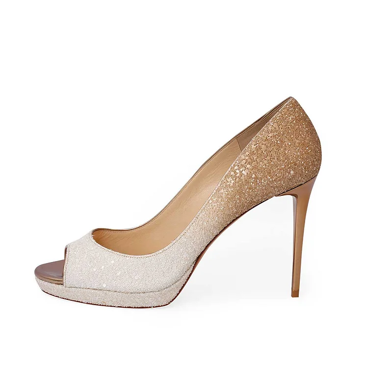 Custom Made White and Gold Ombre Glitter Peep Toe Pumps Heels |FSJ Shoes