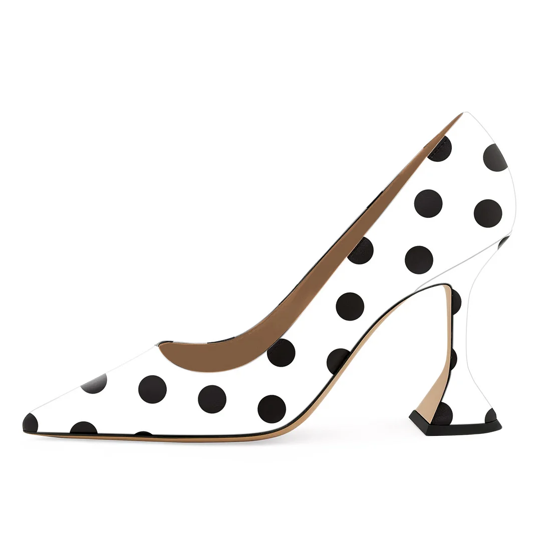 Black & White Polka Dot Vegan Leather Pointed Pumps with Flared Heel