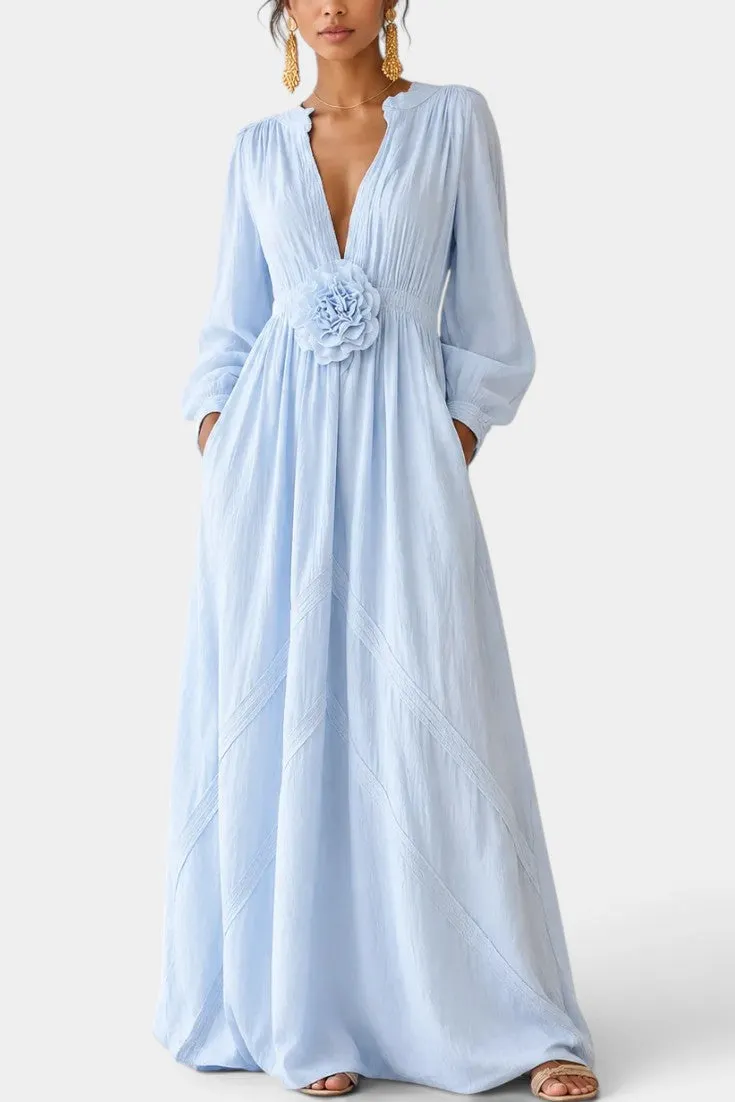 V-Neck Maxi Dress with Puff Sleeves and Floral Accent