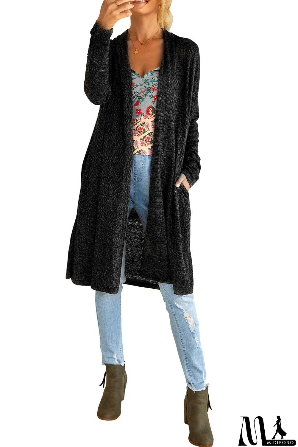 MidiSono - Slouchy Pocketed Knit Longline Cardigan