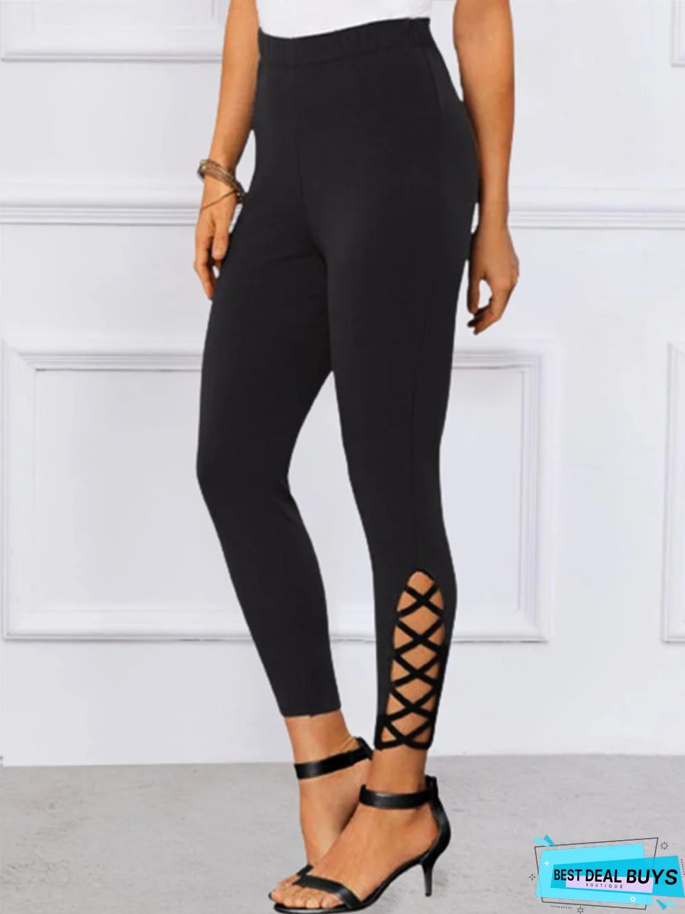 Tight Cross Lace-Up Hollow out Plain Casual Leggings