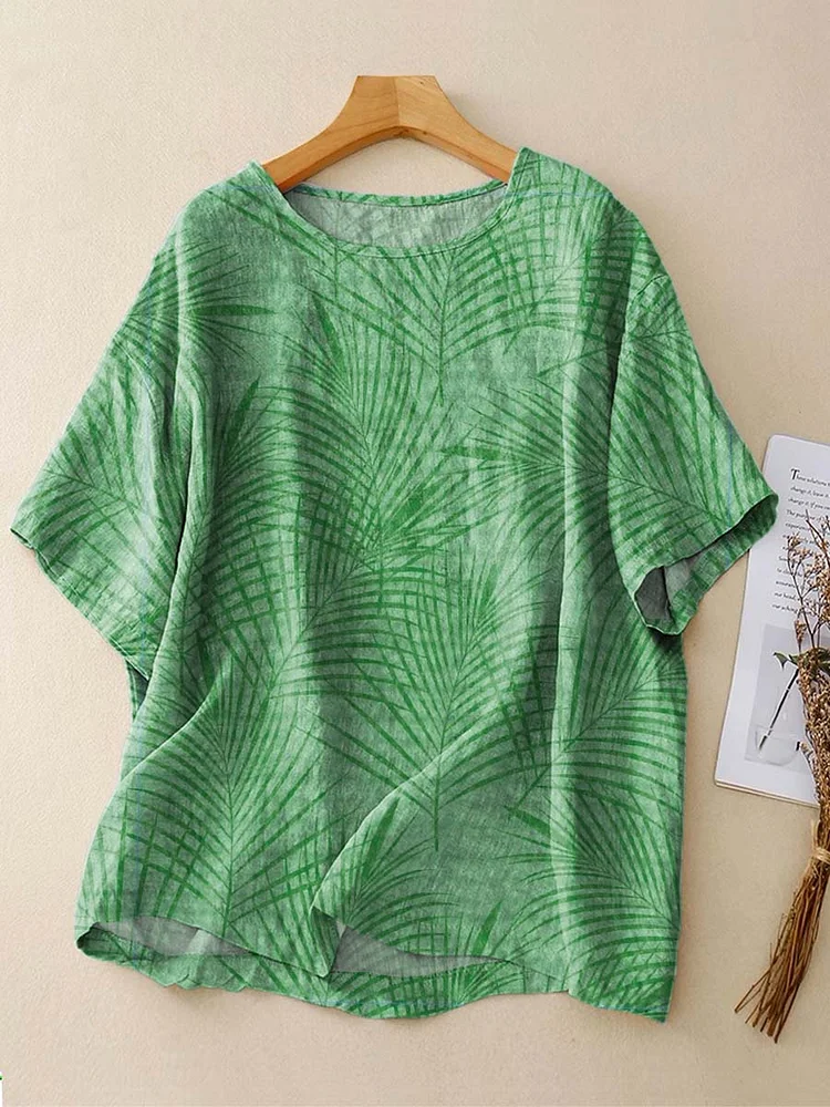 Women's Vintage Leaves Pattern Art Print Casual Cotton Linen Crew Neck Shirt