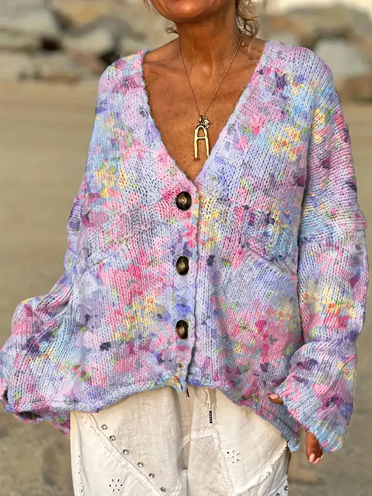 Women's Vintage Floral Art Print Casual Pullover Sweater