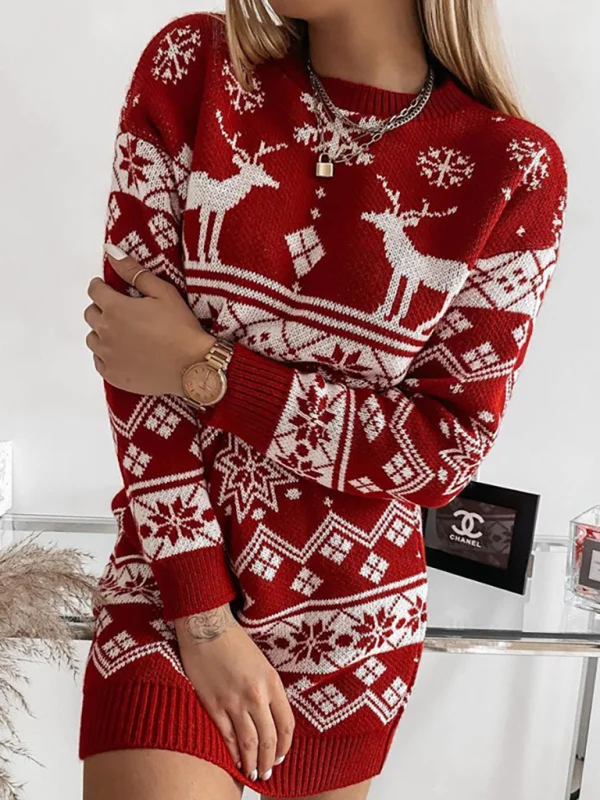 Women's Elk Snowflake Christmas Jacquard Knit Dress Flusfy