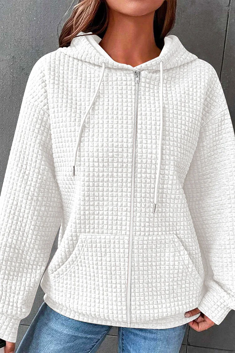 Plus Size Casual White Solid Color Waffle Pocket Zipper Hoodie  Flycurvy [product_label]
