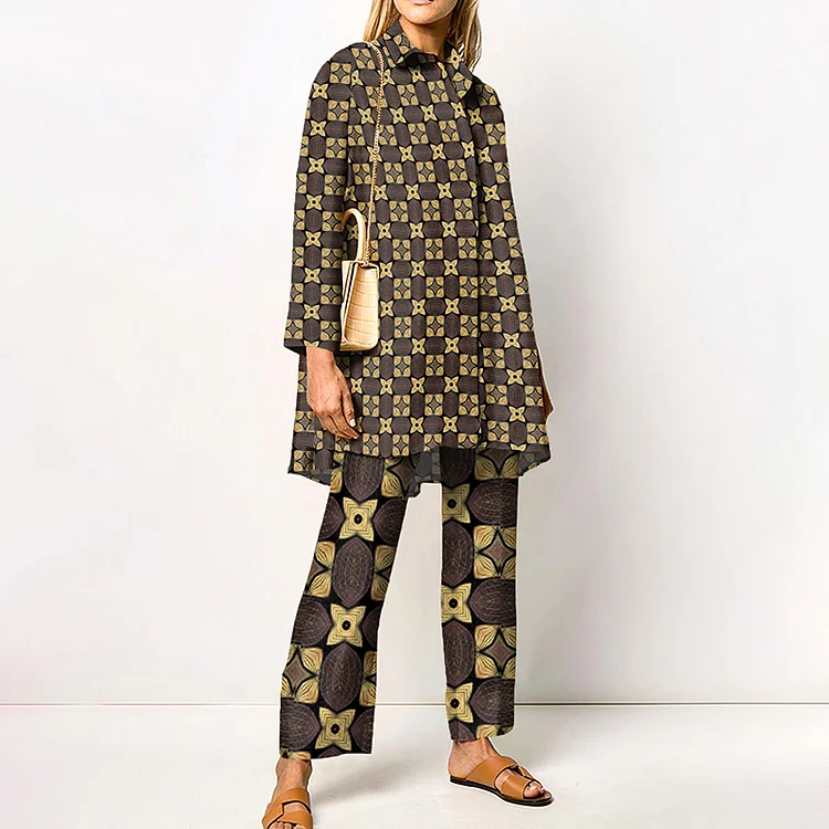 Lapel Irregular Geometric Print Two Piece Set