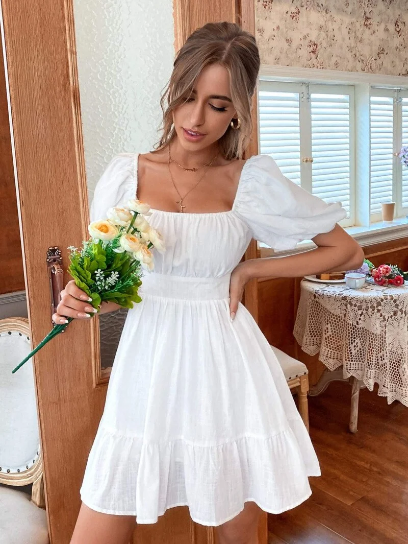 Wongn Elegant Square Collar A-Line White Summer Dresses For Women 2022 Short Sleeve Backless Lace Up Black Mini Dress Party Dress