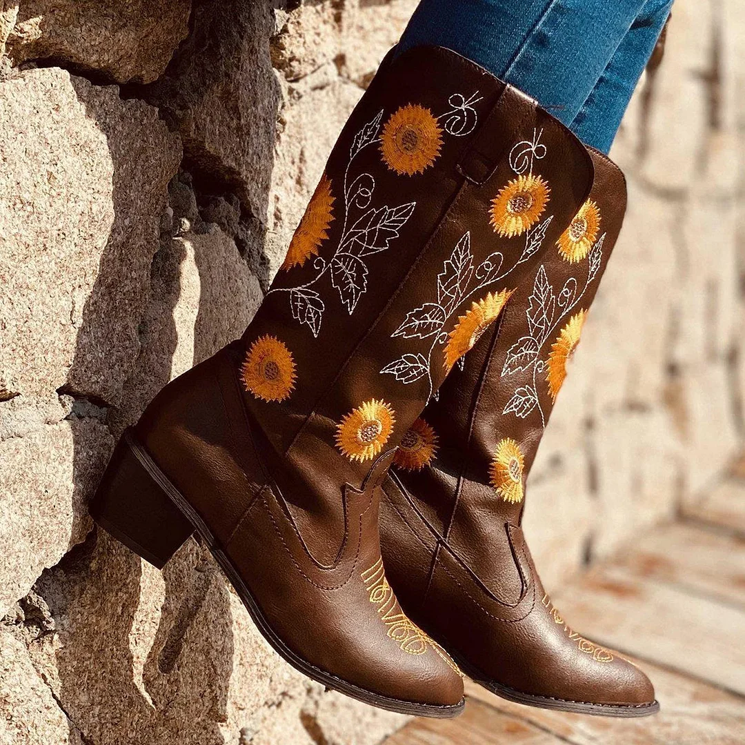 Women Ethnic Floral Embroidered Cowboy Western Boots