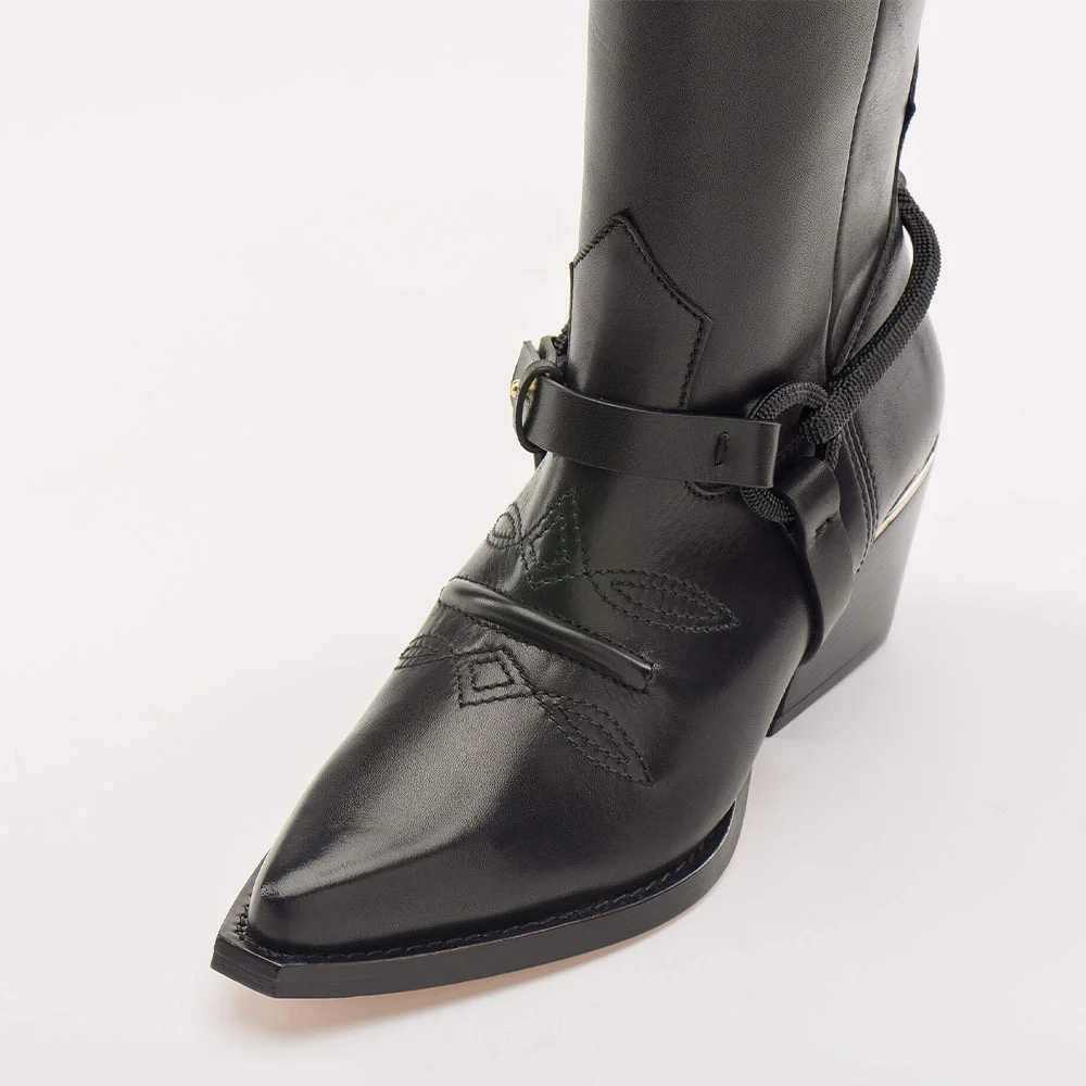 Black Faux Leather Pointed Toe Chunky Heel Stitching Knee High Boots