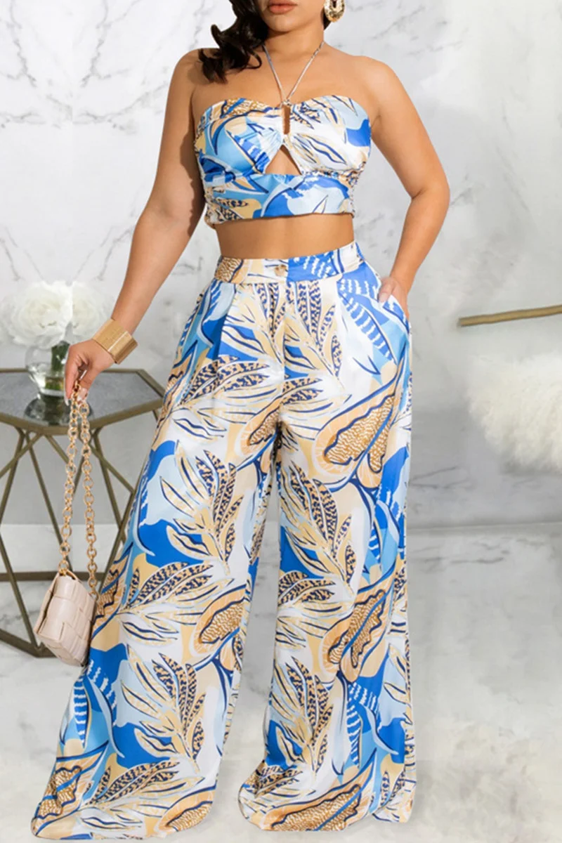 Blue Fashion Casual Print Solid Hollowed Out Backless Strapless Sleeveless Two Pieces