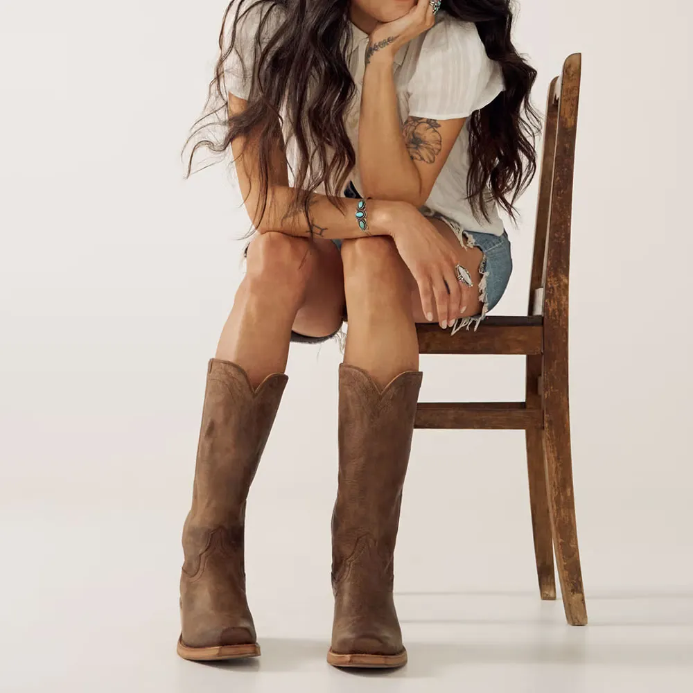 Brown Square Toe Chunky Heel Stitching Cowboy Boots for Women