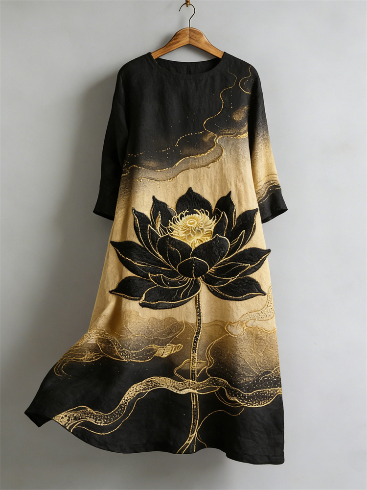 Classy Black Lotus Flower Contrast Art Linen Maxi Dress wearshes