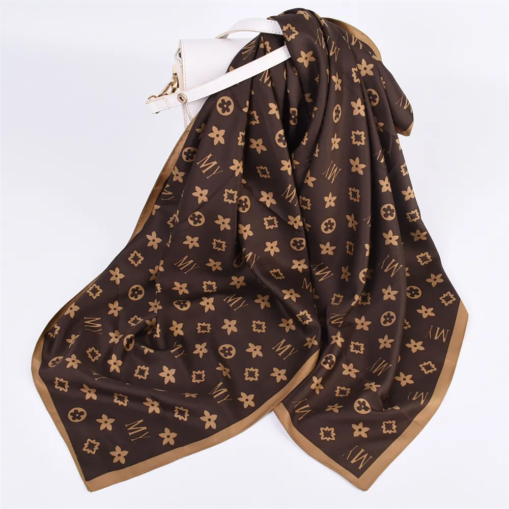 90cm*90cm Coffee TTwill Cotton Printed Square Scarf-vocosishoes