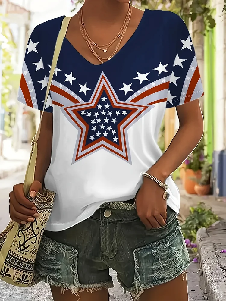 Vibrant Independence Day Graphic Print Crew Neck T-Shirt - Soft, Breathable, Short Sleeve, Casual, Relaxed Fit For Women - Perfect For Spring & Summer Outings, Patriotic Events, And Everyday Wear