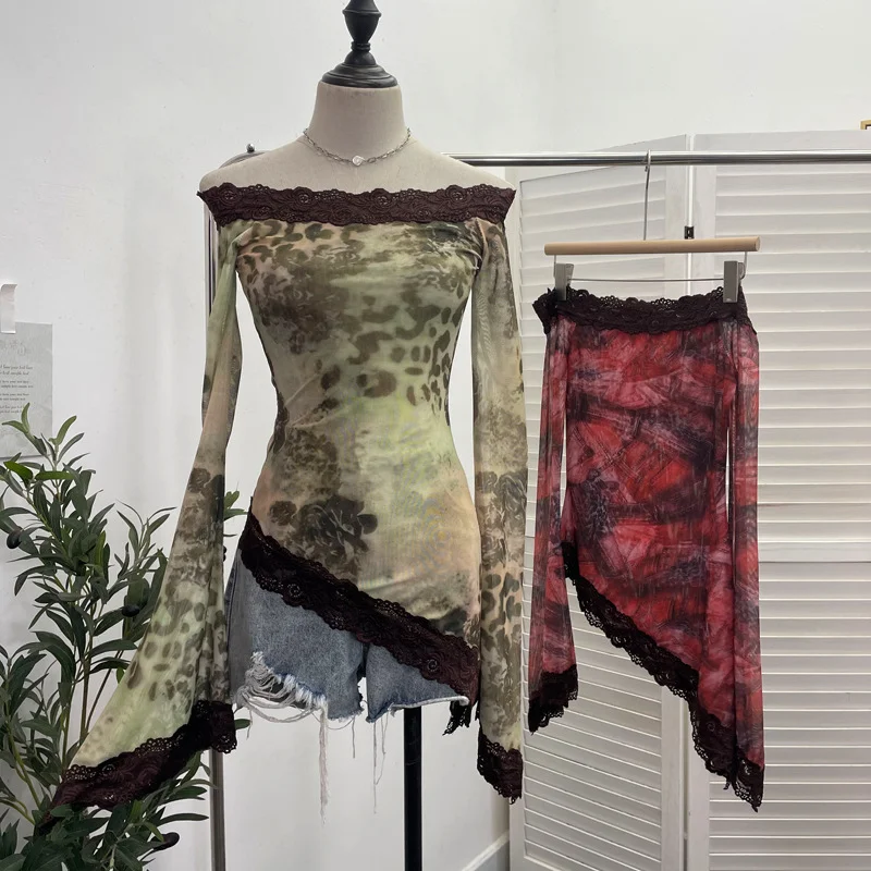 Uveng Tie-Dyed Leopard Print Lace Spliced Double-Layer Mesh Shoulder Irregular Loudspeaker Top 9912