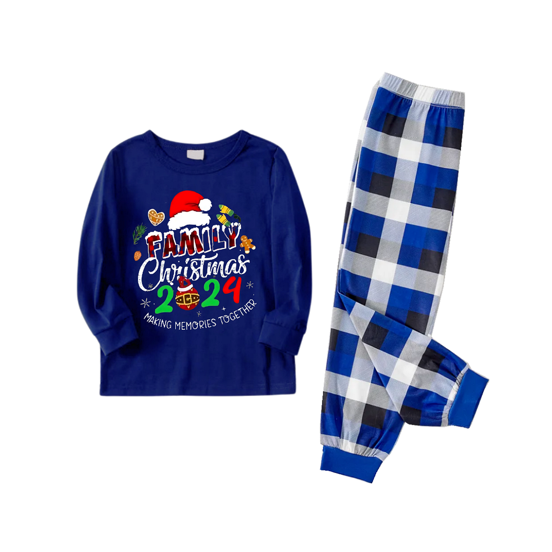 "Family Christmas 2024 Making Memories Together" Text and Santa Hat Printed Blue and White Plaid Family Matching Pajamas