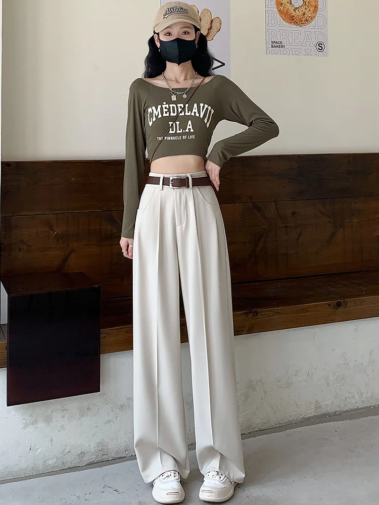 Toloer Narrow Version Wide Leg Pants Female Spring And Summer 2024 New High Waist Hanging Feeling Straight Tube Small Senior Sense Pressure Pleated Suit Pants-Outfit Ideas