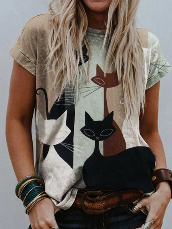 Colorblock Cats Art Graphic T Shirt