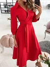 Urban Solid Color Bandage Long Sleeves V-Neck Midi Dress