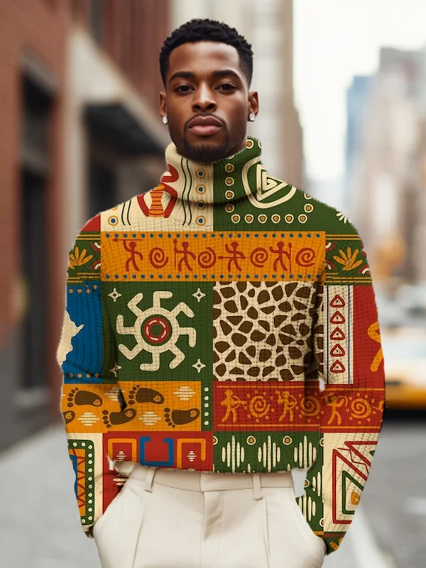 Men's Retro Tribe Totem Pattern Print High Neck Knit Sweatshirt