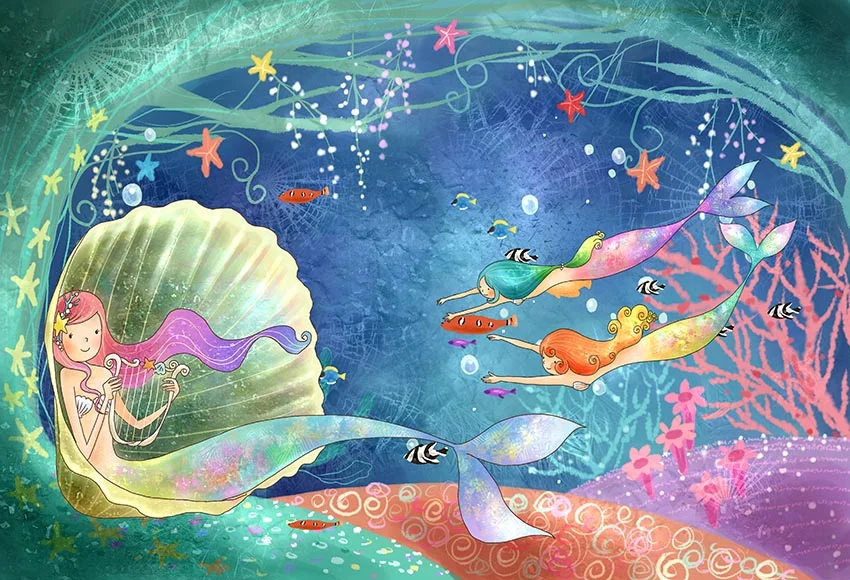 Cartoon Underwater World Mermaid Theme Happy Birthday Party Backdrop RedBirdParty