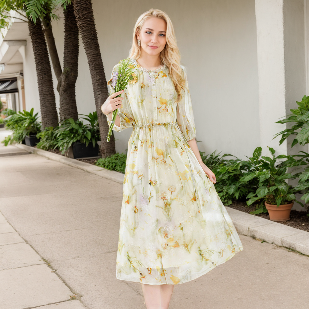 Flower Silk Dress Women's Slim Printed Mid-length REAL SILK LIFE