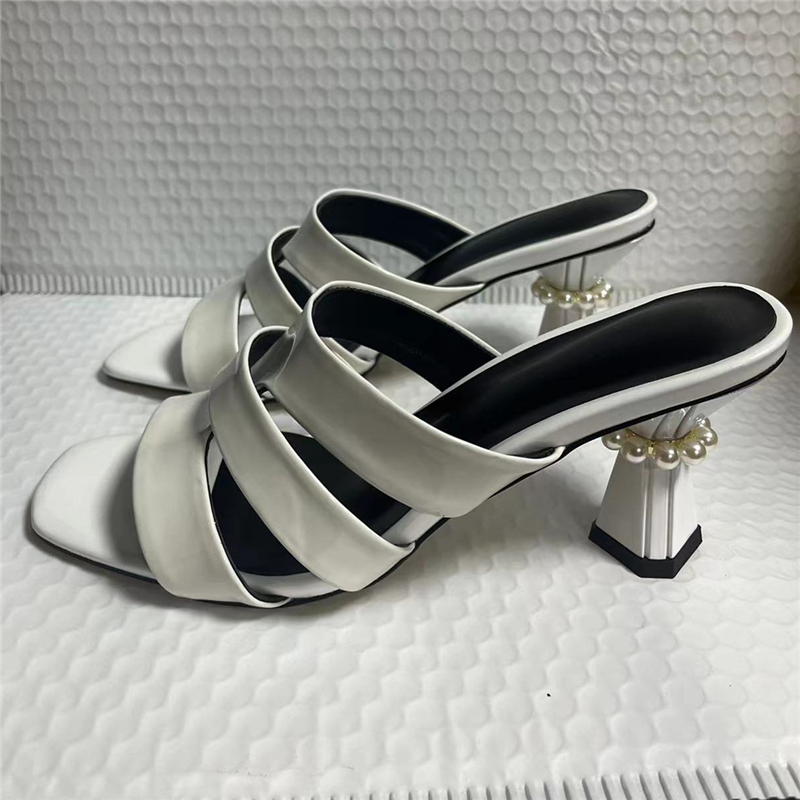 Unique Pearl Beads Decor Strange Heel Mules Serpentine Fretwork Band Slingbacks Sandals