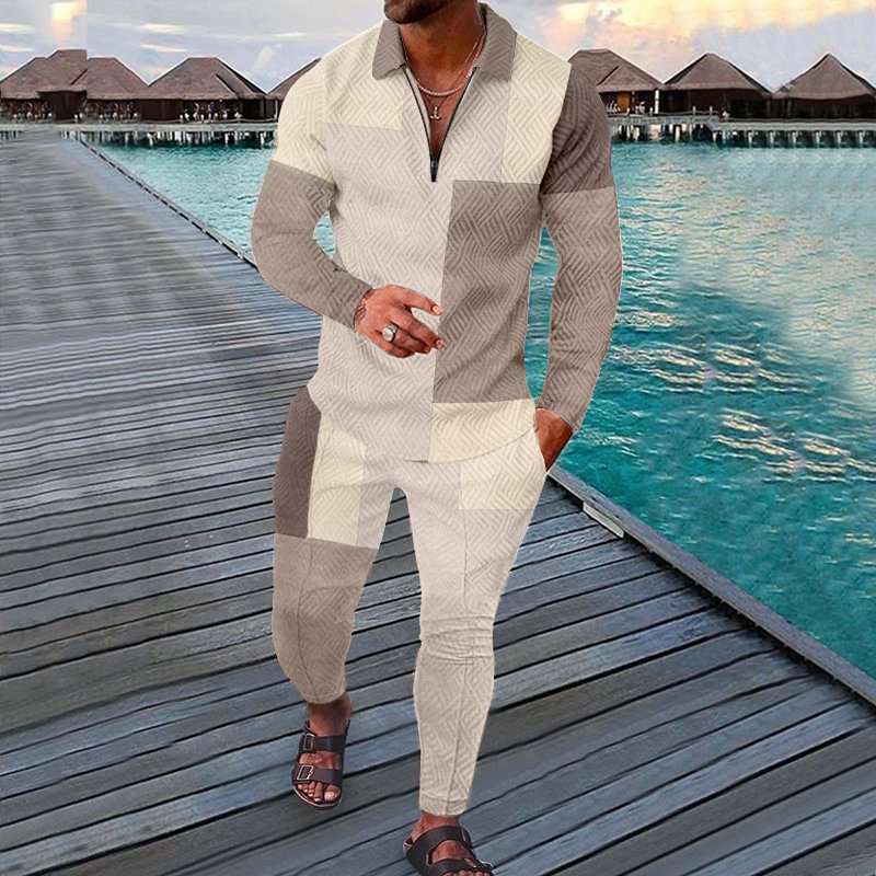 Khaki Geometry Polo Shirt And Pants Two Piece Set