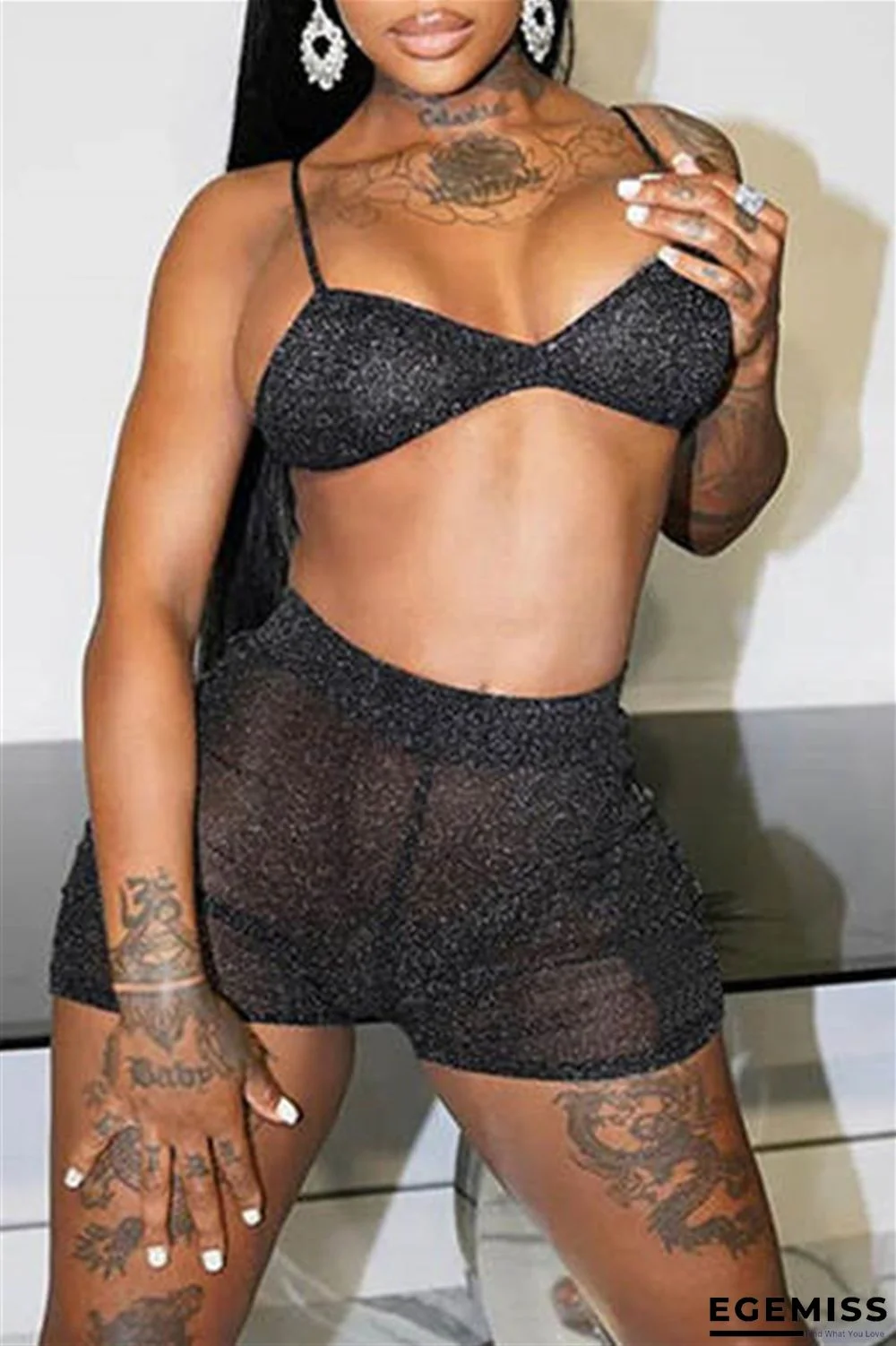 Black Fashion Sexy Solid See-through Backless Spaghetti Strap Sleeveless Two Pieces | EGEMISS