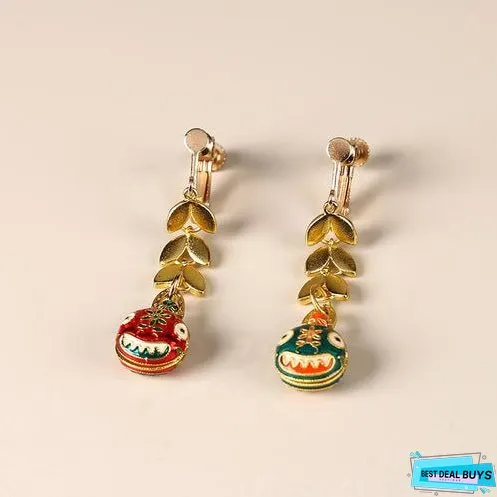 Swallowing Gold Beast New Year Earrings, Double Sided Cloisonne Earrings