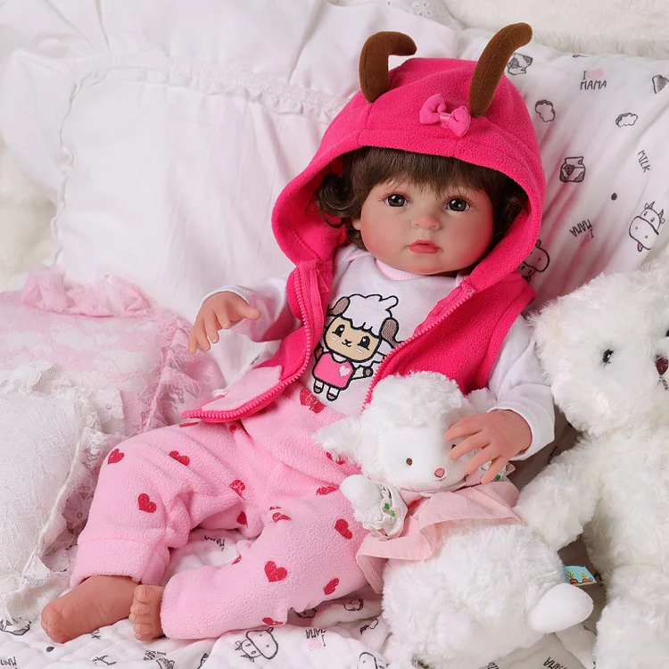 Babeside Ama 20'' Reborn Baby Doll Girl Lifelike Awake Long Brown Hair Lovely Pink Sheep