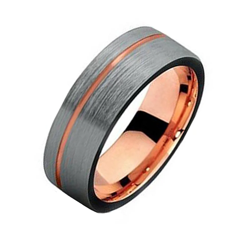 6MM 8MM Thin Rose Gold Grooved Gray Brushed Surface Finish Mens Wedding Band