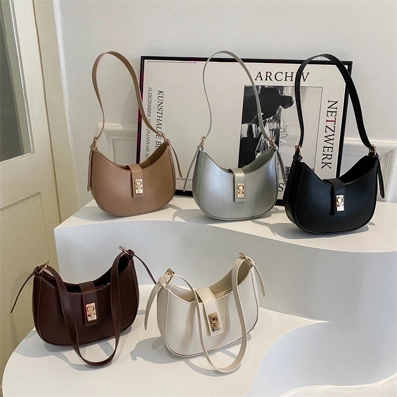 Women's Pu Leather Solid Color Vintage Style Dumpling Shape Lock Clasp Underarm Bag