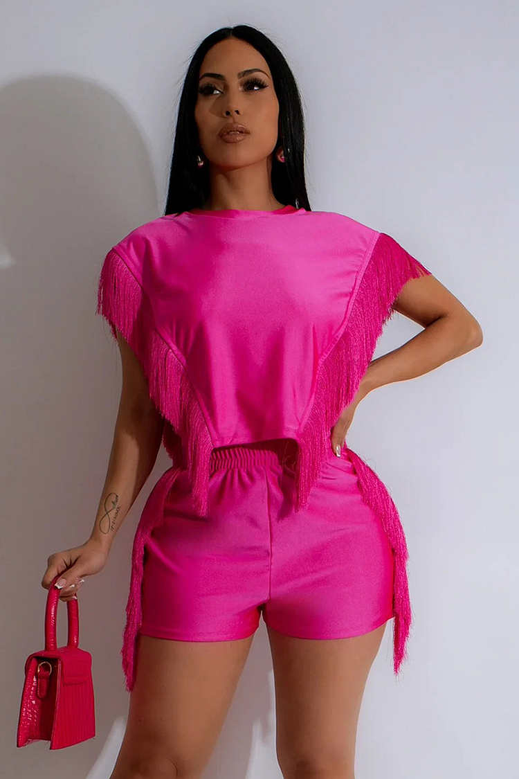 Fringed Crop Top Solid Color Shorts Matching Set-Pink